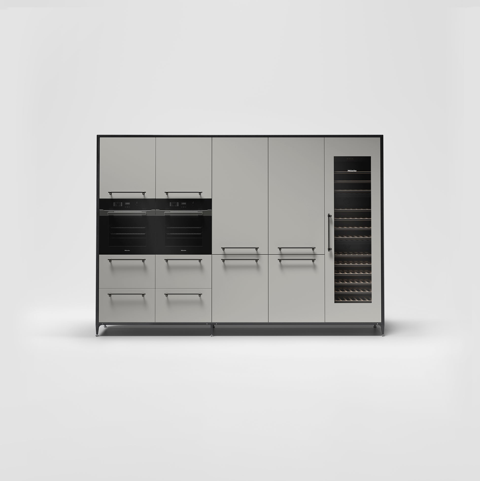 A Buster & Punch Tall Unit in Stone Grey, including oven and wine cabinet