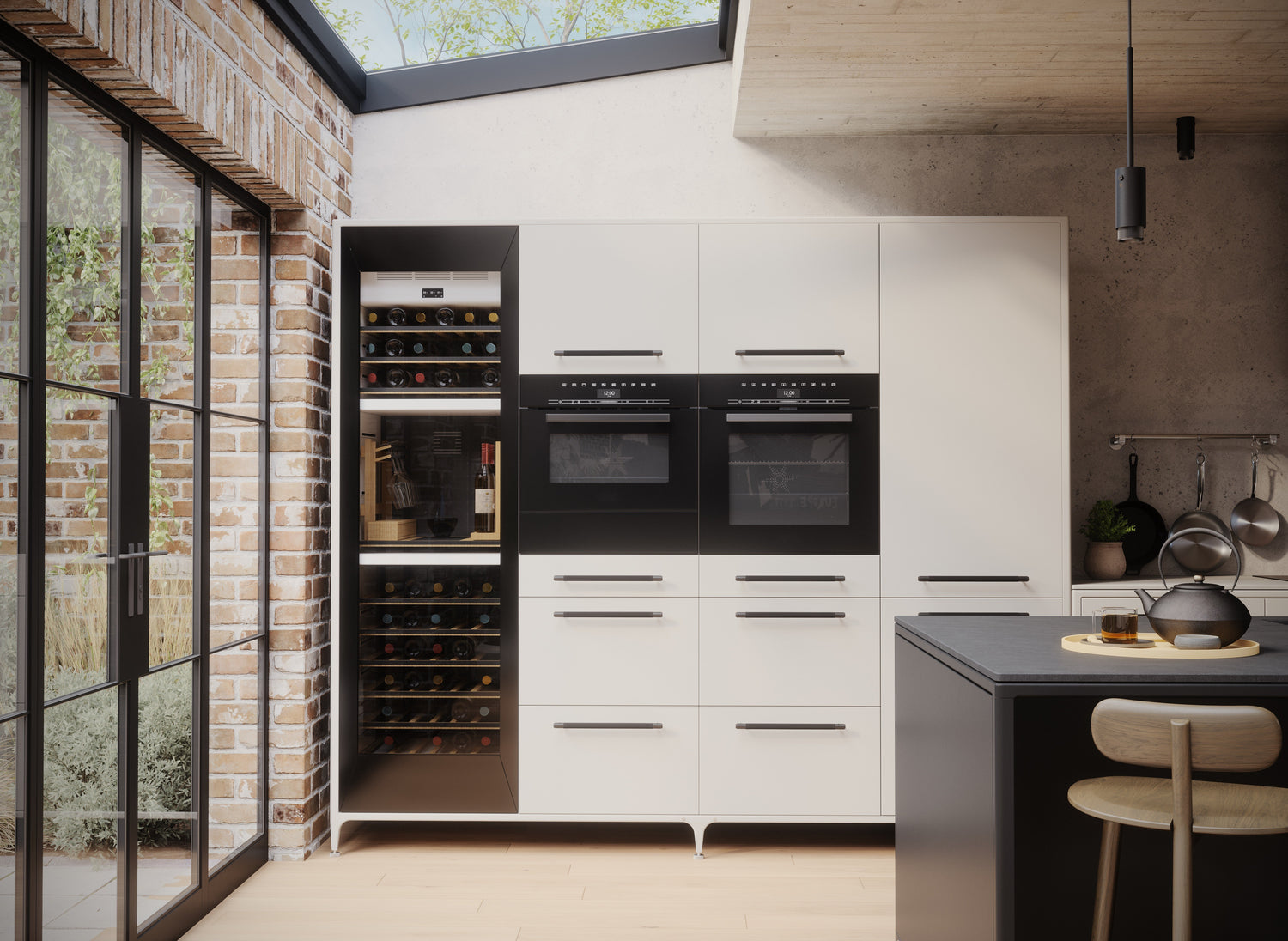 Modern Buster & Punch kitchen with stonegrey tall cabinets, black appliances, and a wine rack.