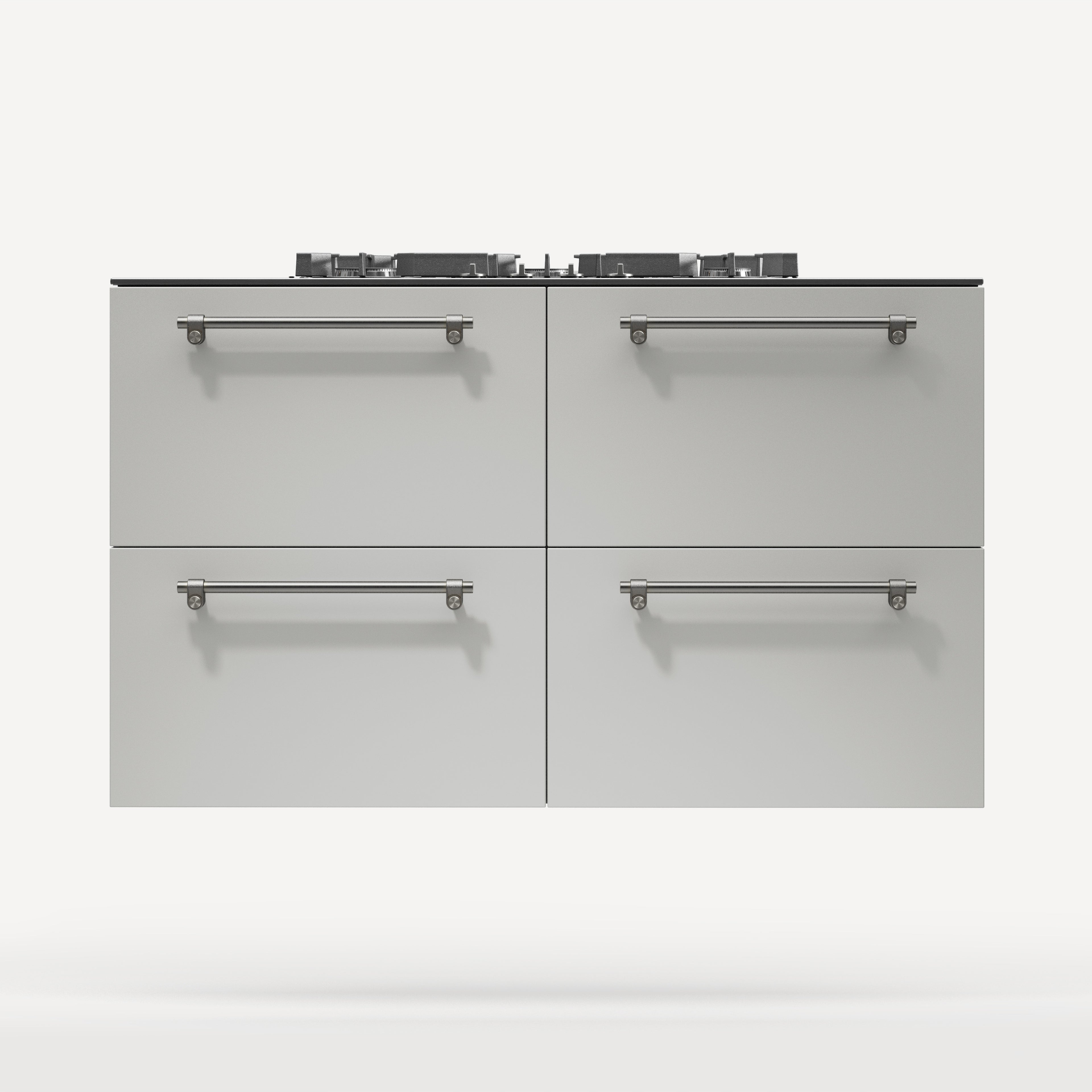 Skab med fire skuffer forberedt til et stort gaskomfur