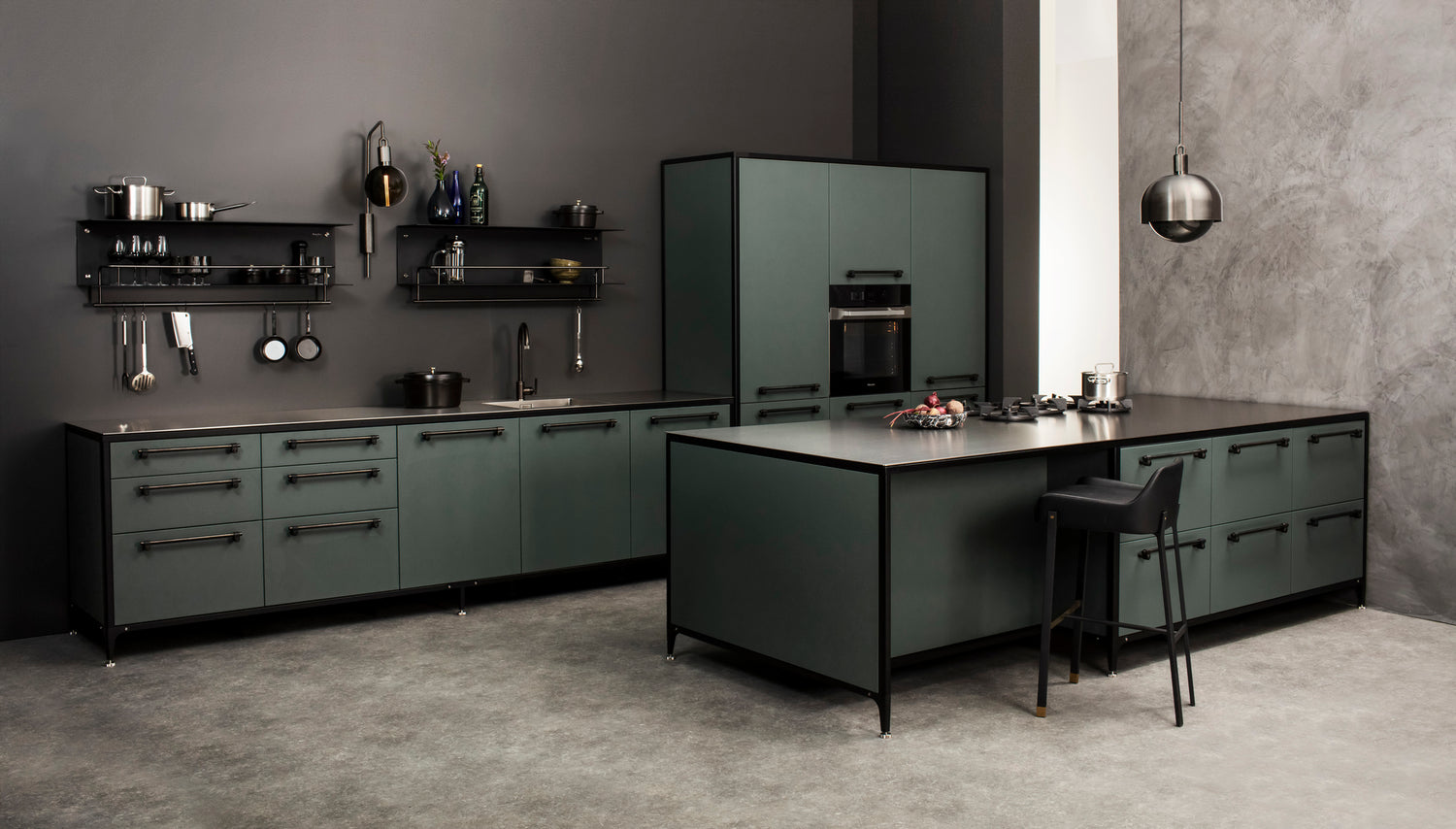 Scrambler Green Buster and Punch kitchen with cast pull bars in gun metal finnish