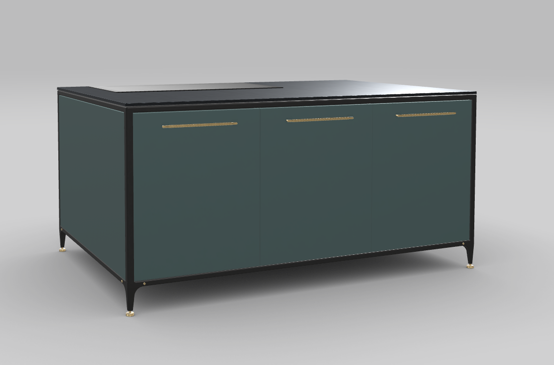 Buster & Punch køkken ø 1862 mm x 1250 mm scrambler green med Fisher & Paykel induktionskogeplade med integreret downdraft ventilation