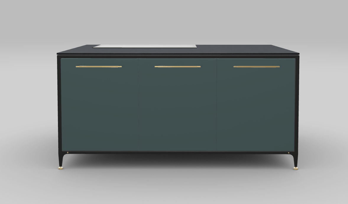 Buster & Punch køkken ø 1862 mm x 1250 mm scrambler green med Fisher & Paykel induktionskogeplade med integreret downdraft ventilation