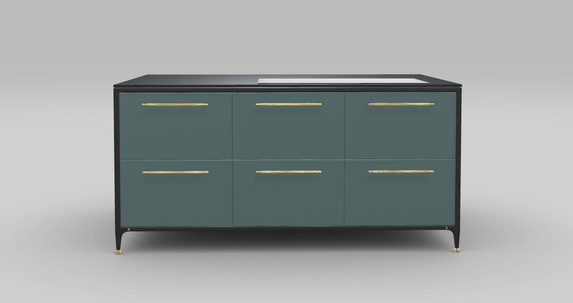 Buster & Punch køkken ø 1862 mm x 1250 mm scrambler green med Fisher & Paykel induktionskogeplade med integreret downdraft ventilation