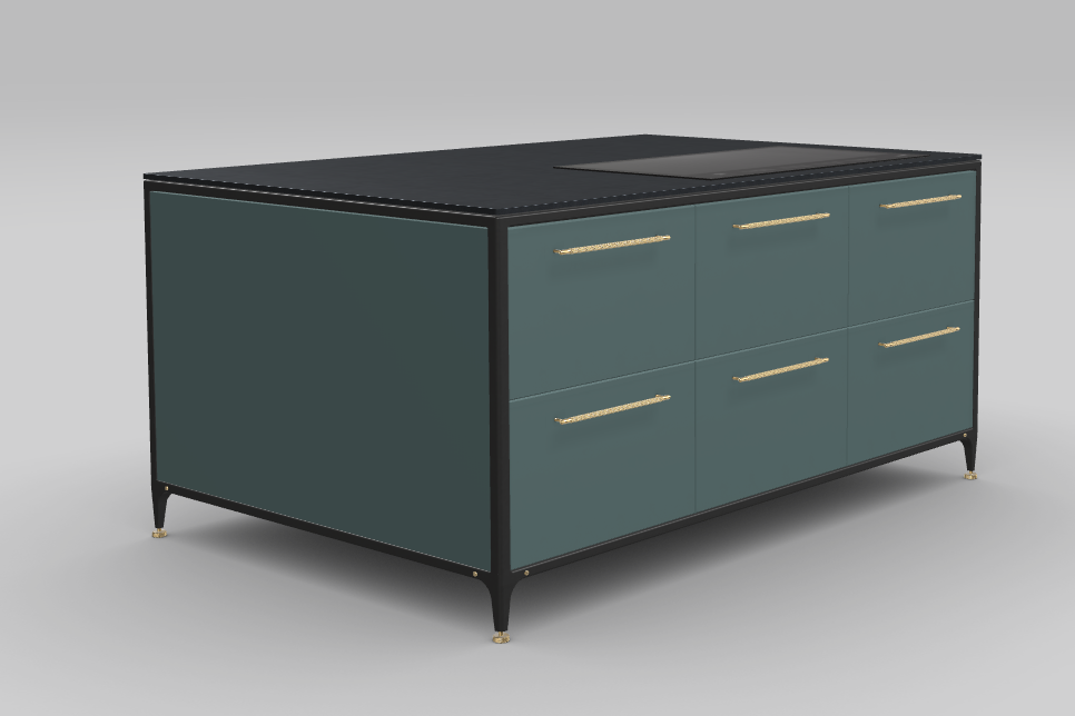 Buster & Punch køkken ø 1862 mm x 1250 mm scrambler green med Fisher & Paykel induktionskogeplade med integreret downdraft ventilation