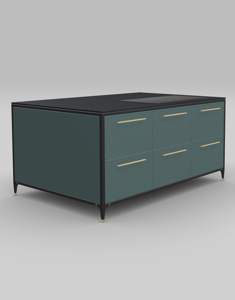 Buster & Punch køkken ø 1862 mm x 1250 mm scrambler green med Fisher & Paykel induktionskogeplade med integreret downdraft ventilation