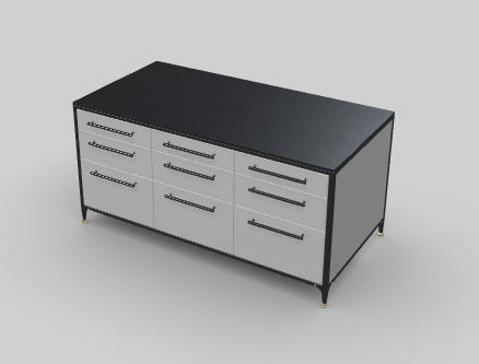 Stone grey buster & punch kitchen island unit with black frame, black cross-knurled hardware and Dekton Bromo worktop - seen from the upper side/front