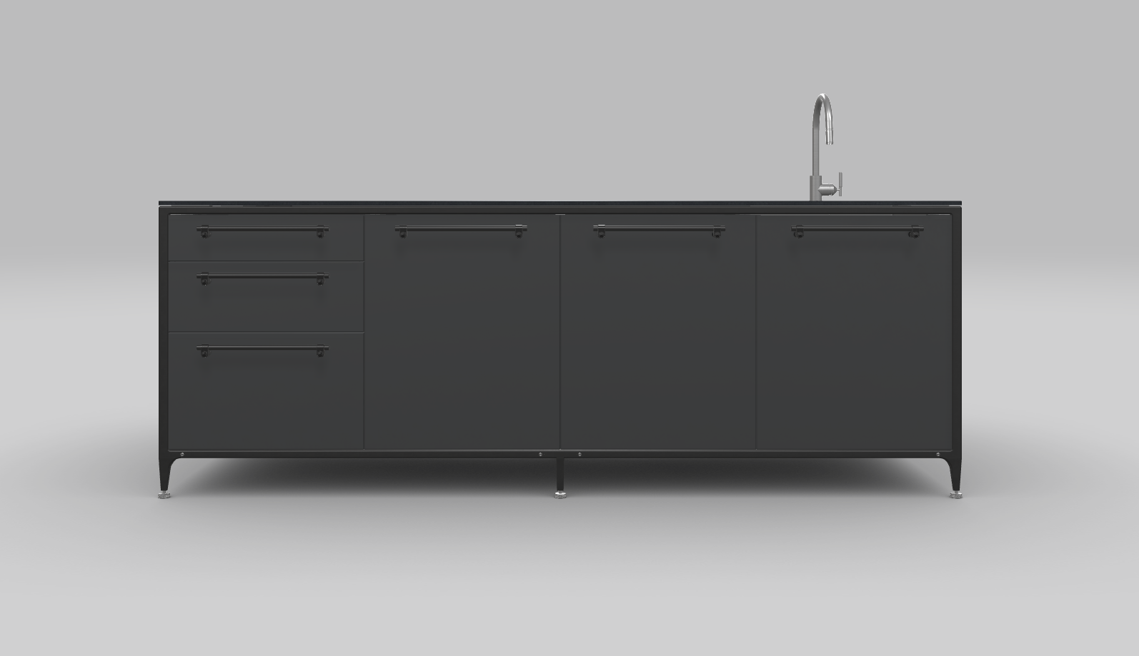 Buster & Punch køkken ø 2462 mm x 1250 mm off black med Fisher & Paykel DD60SHi9 integreret opvaskemaskine