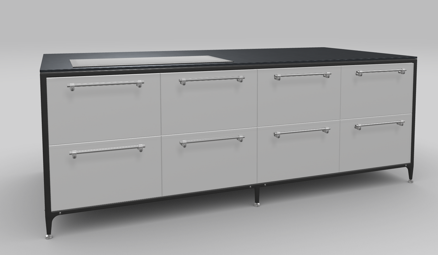 Buster & Punch køkken ø 2462 mm x 1250 mm stone grey med Fisher & Paykel induktionskogeplade med integreret downdraft ventilation