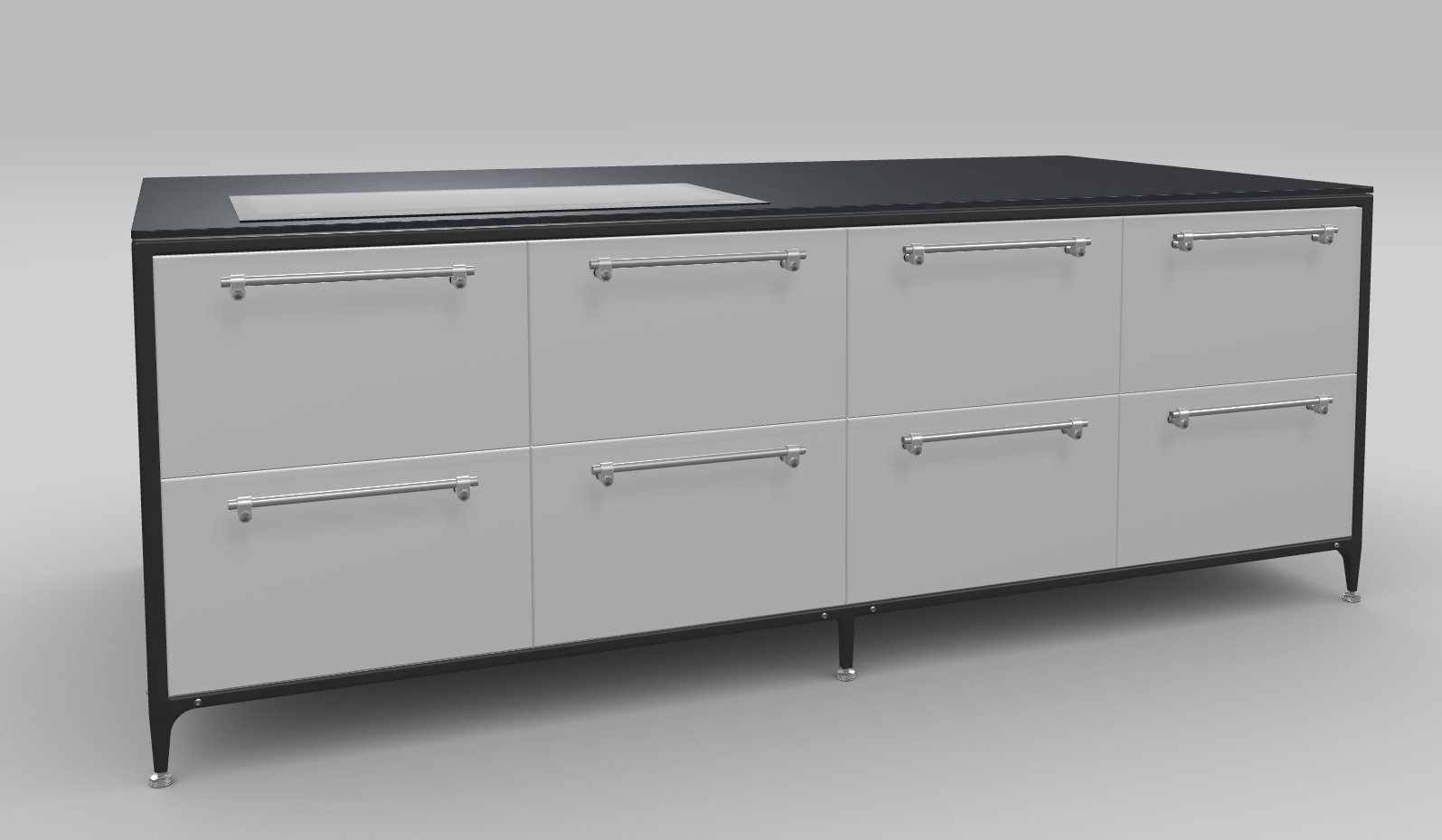 Buster & Punch køkken ø 2462 mm x 1250 mm stone grey med Fisher & Paykel induktionskogeplade med integreret downdraft ventilation