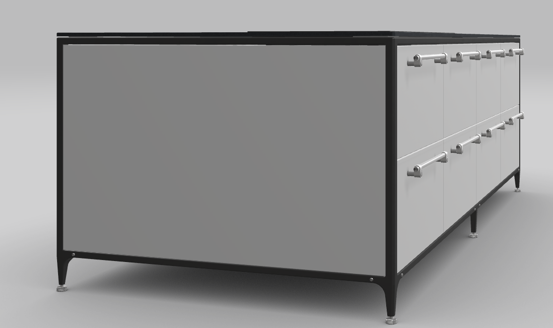 Buster & Punch køkken ø 2462 mm x 1250 mm stone grey med Fisher & Paykel induktionskogeplade med integreret downdraft ventilation