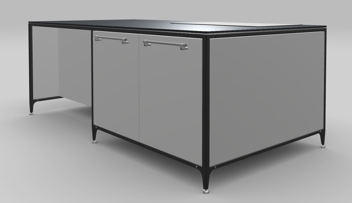 Buster & Punch køkken ø 2462 mm x 1250 mm stone grey med Fisher & Paykel induktionskogeplade med integreret downdraft ventilation