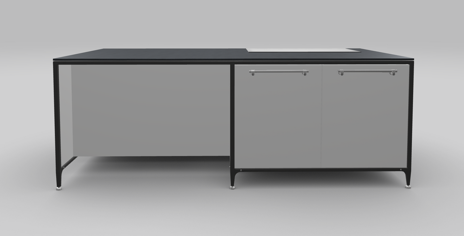 Buster & Punch køkken ø 2462 mm x 1250 mm stone grey med Fisher & Paykel induktionskogeplade med integreret downdraft ventilation