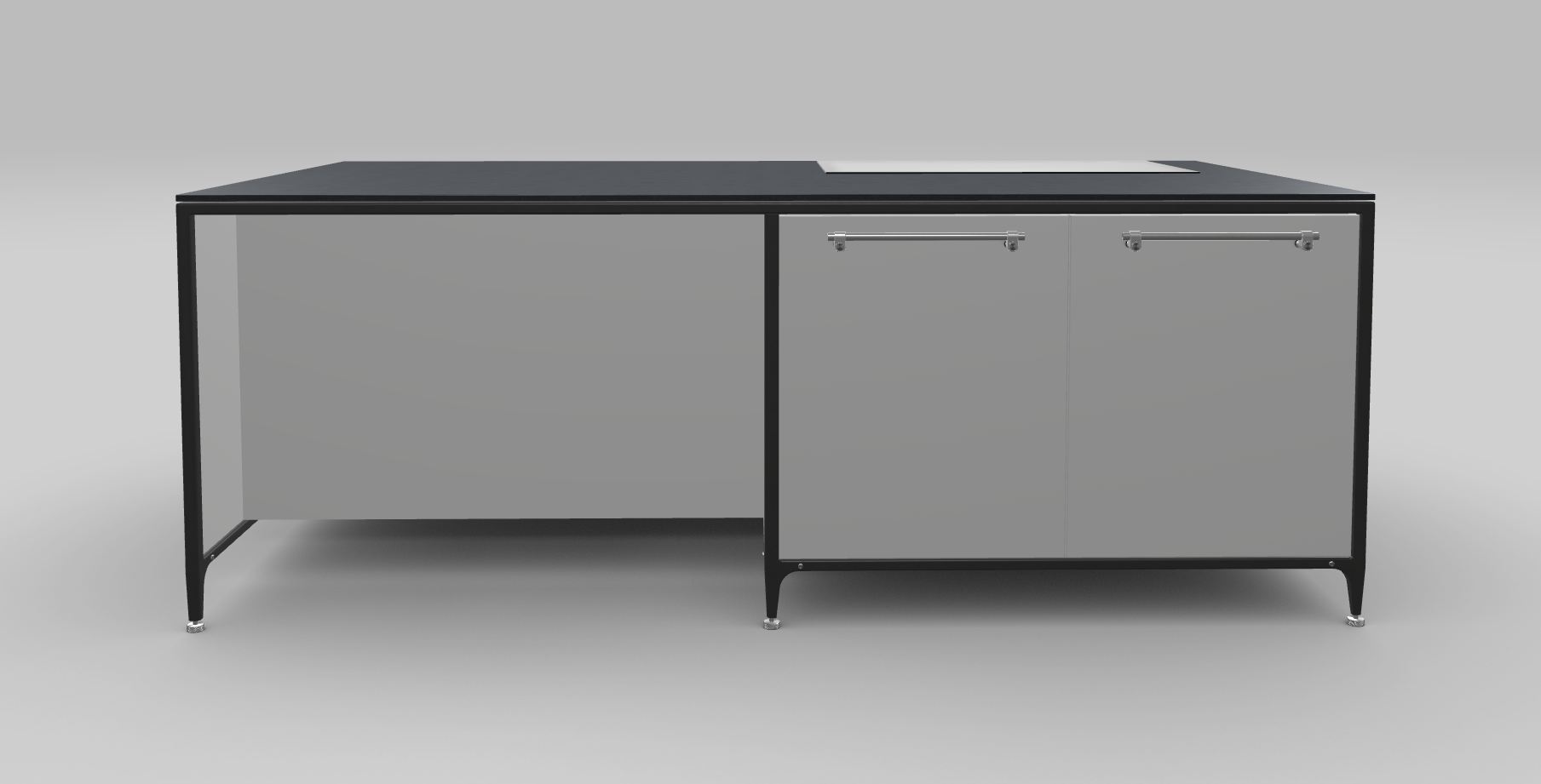 Buster & Punch køkken ø 2462 mm x 1250 mm stone grey med Fisher & Paykel induktionskogeplade med integreret downdraft ventilation