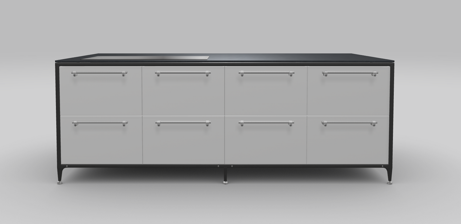 Buster & Punch køkken ø 2462 mm x 1250 mm stone grey med Fisher & Paykel induktionskogeplade med integreret downdraft ventilation