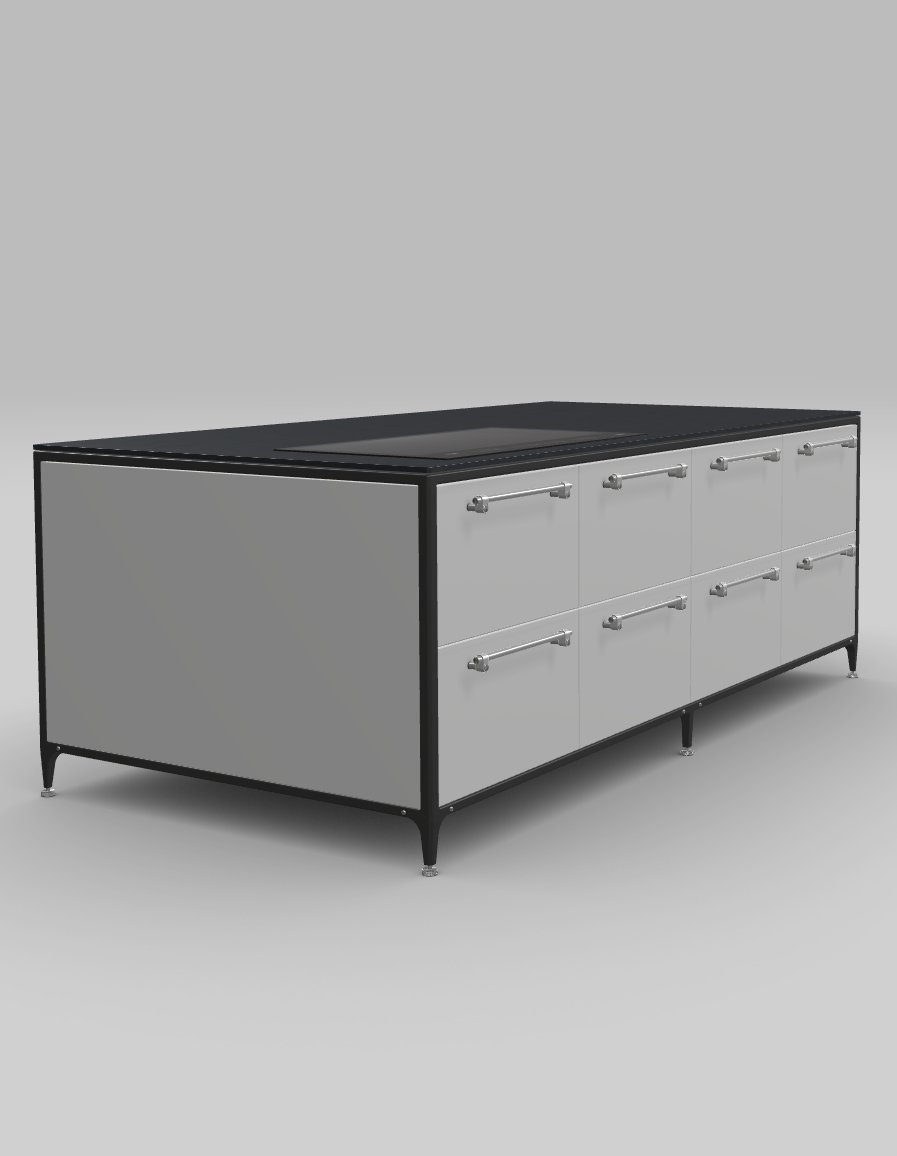 Buster & Punch køkken ø 2462 mm x 1250 mm stone grey med Fisher & Paykel induktionskogeplade med integreret downdraft ventilation