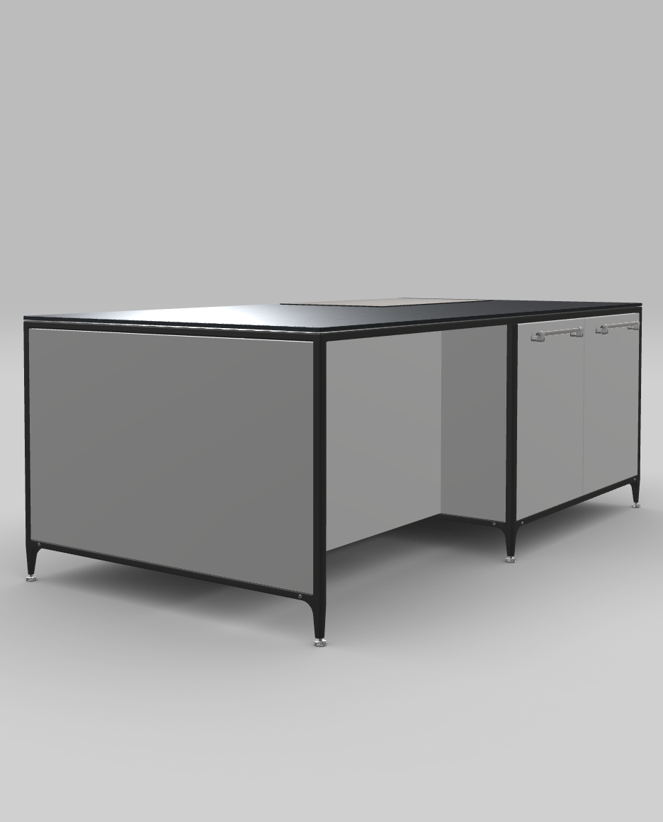 Buster & Punch køkken ø 2462 mm x 1250 mm stone grey med Fisher & Paykel induktionskogeplade med integreret downdraft ventilation