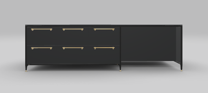 Buster & Punch off black kitchen island with Dektion bromo worktop and Fisher and Paykel appliances, seen from the back