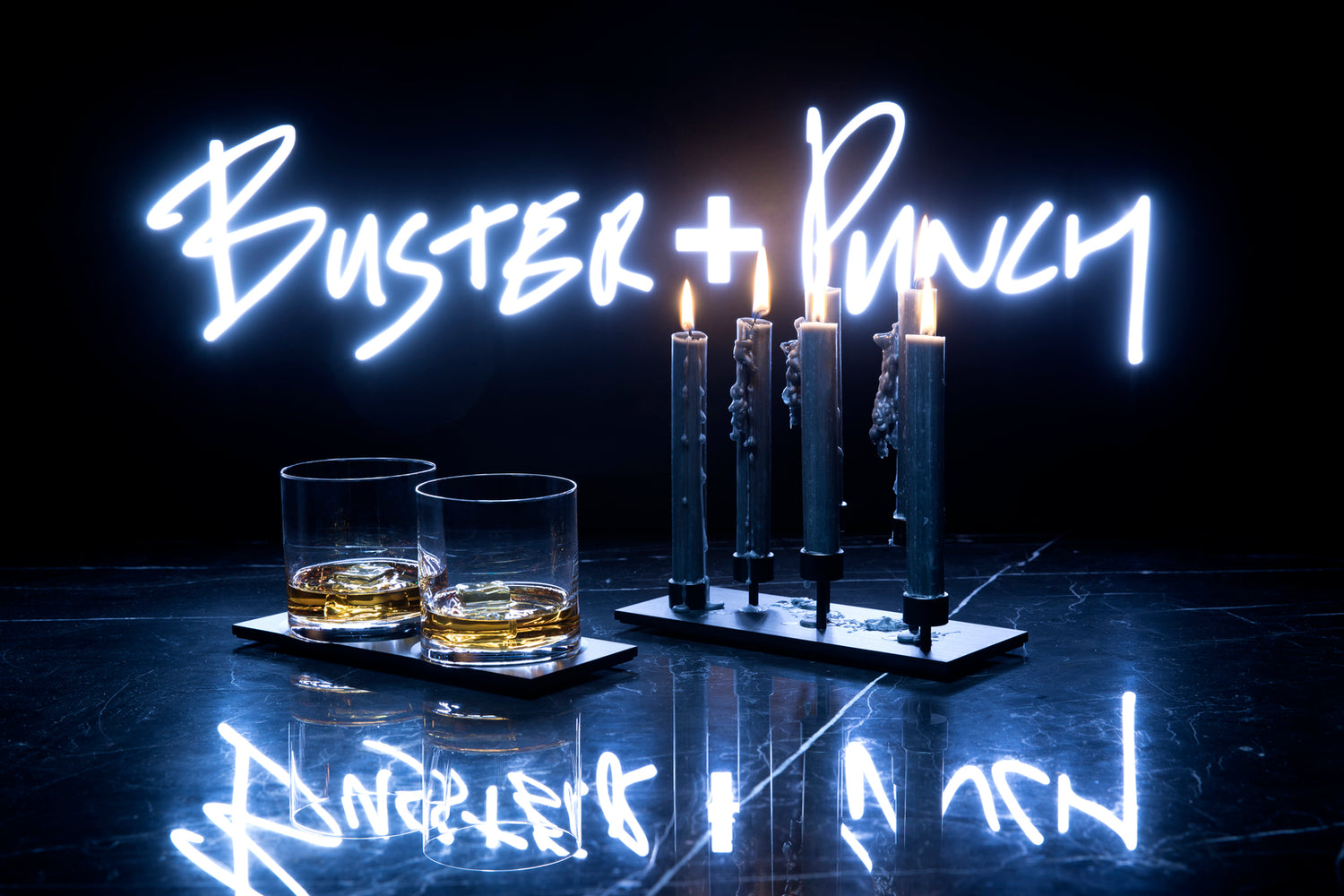 Buster & Punch logo samt Buster & Punch glas