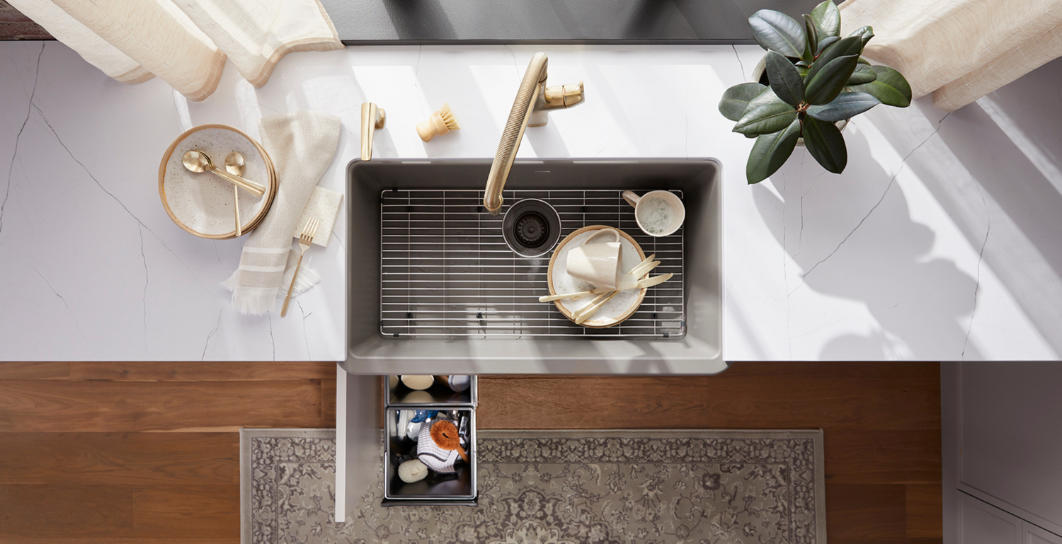 Kitchen with sink, white tabletop and blanco waste system