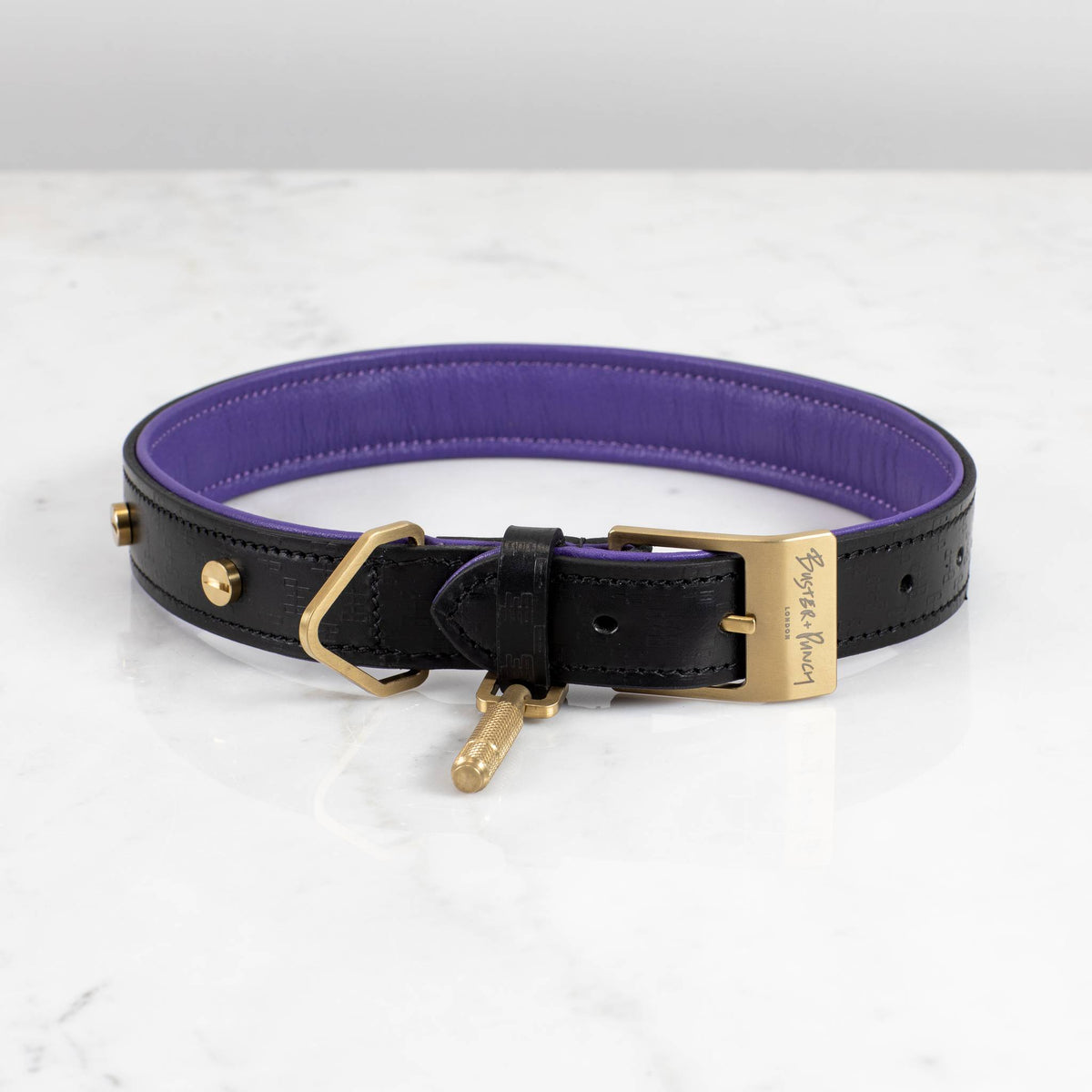 Dog collar / Cross / Black and purple – Brass / X-Large