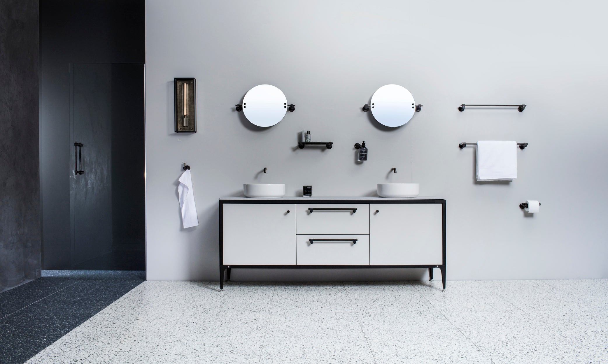 Buster & Punch bathroom, mirrors and Buster & Punch Wet Caged light