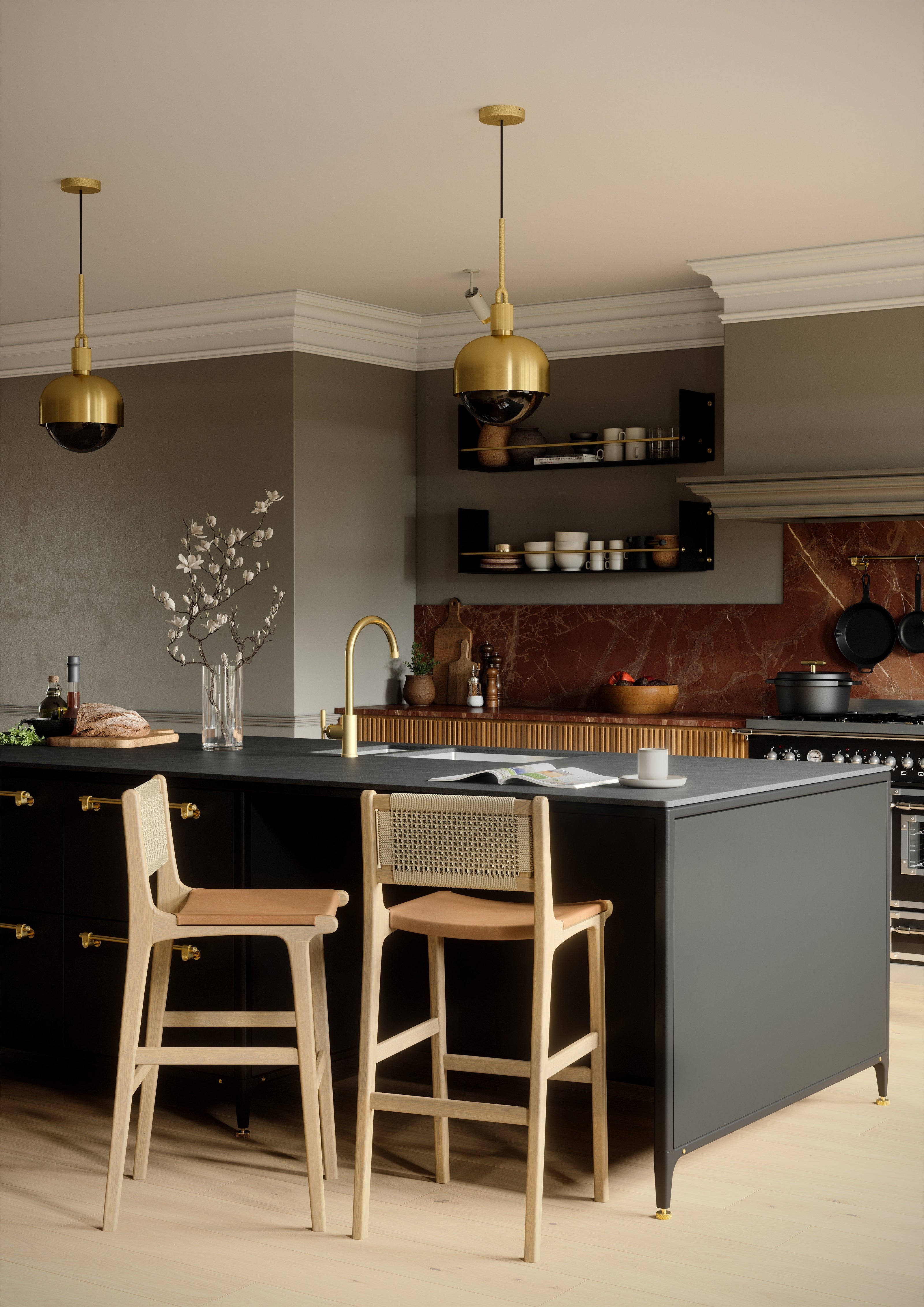 Modern Buster & Punch kitchen with off black kitchen island, brass pendant lights, and wooden stools.