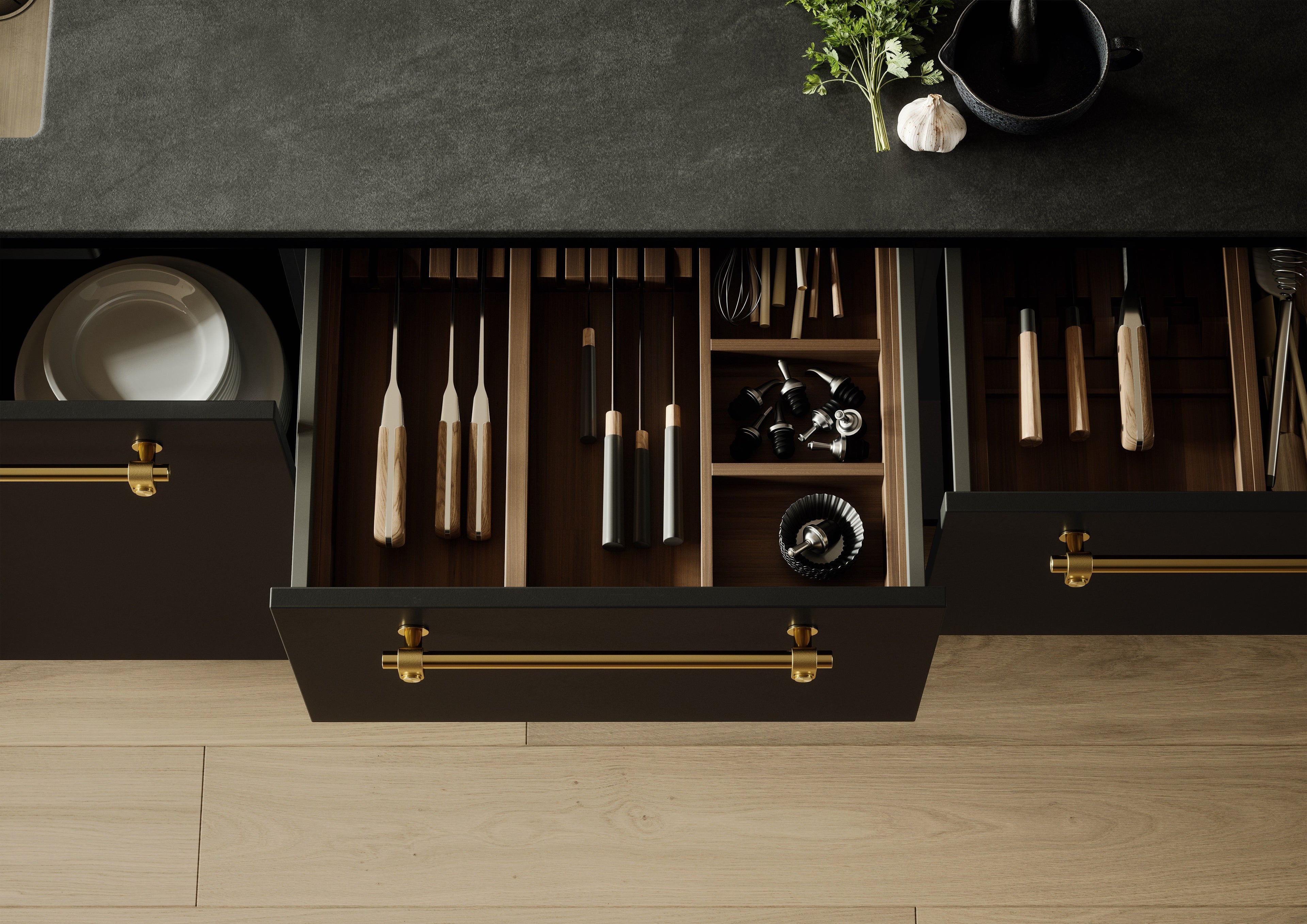 Buster & Punch kitchen drawers in off black cabinet with brass cast pull bars