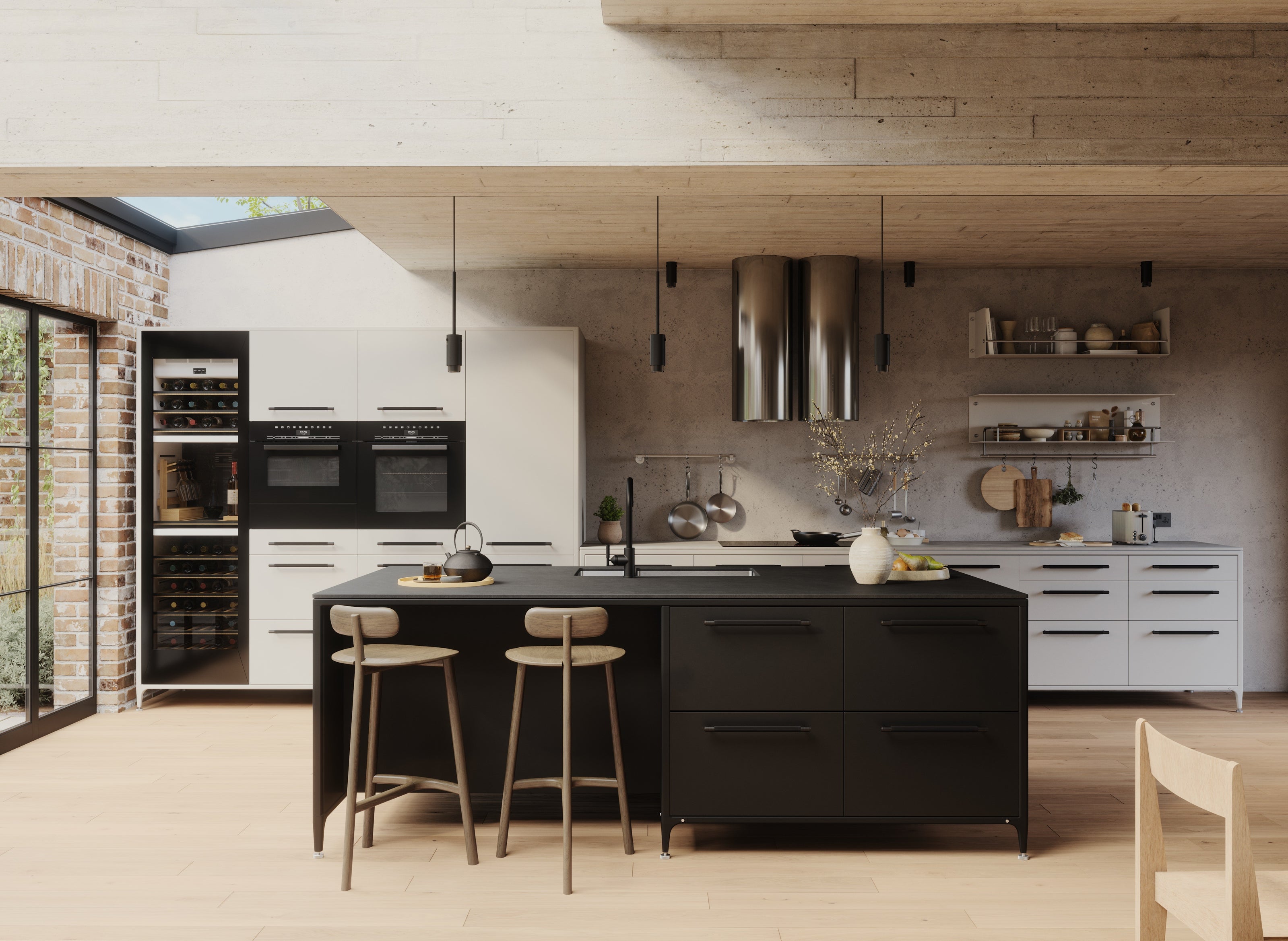 Modern Buster & Punch kitchen with black island, white cabinets, and wooden floor.