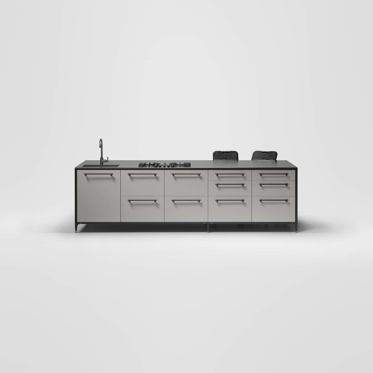 Buster & Punch kitchen island unit in stone grey with gunmetal cast pull bars