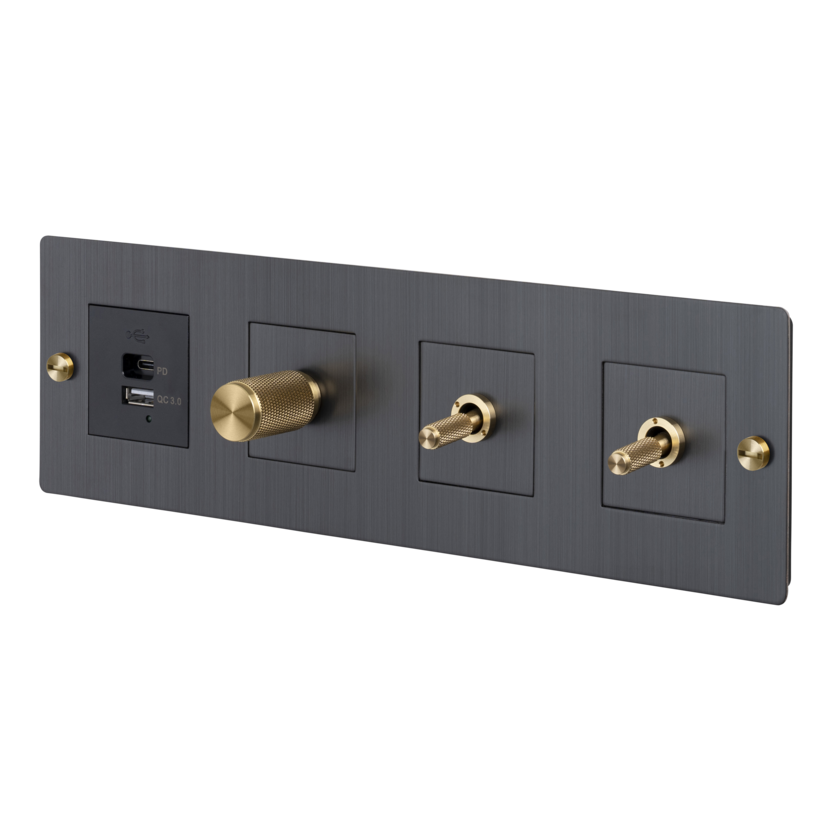 Buster + Punch four-position plate with USB charging, a dimmer and two toggle switches with brass details