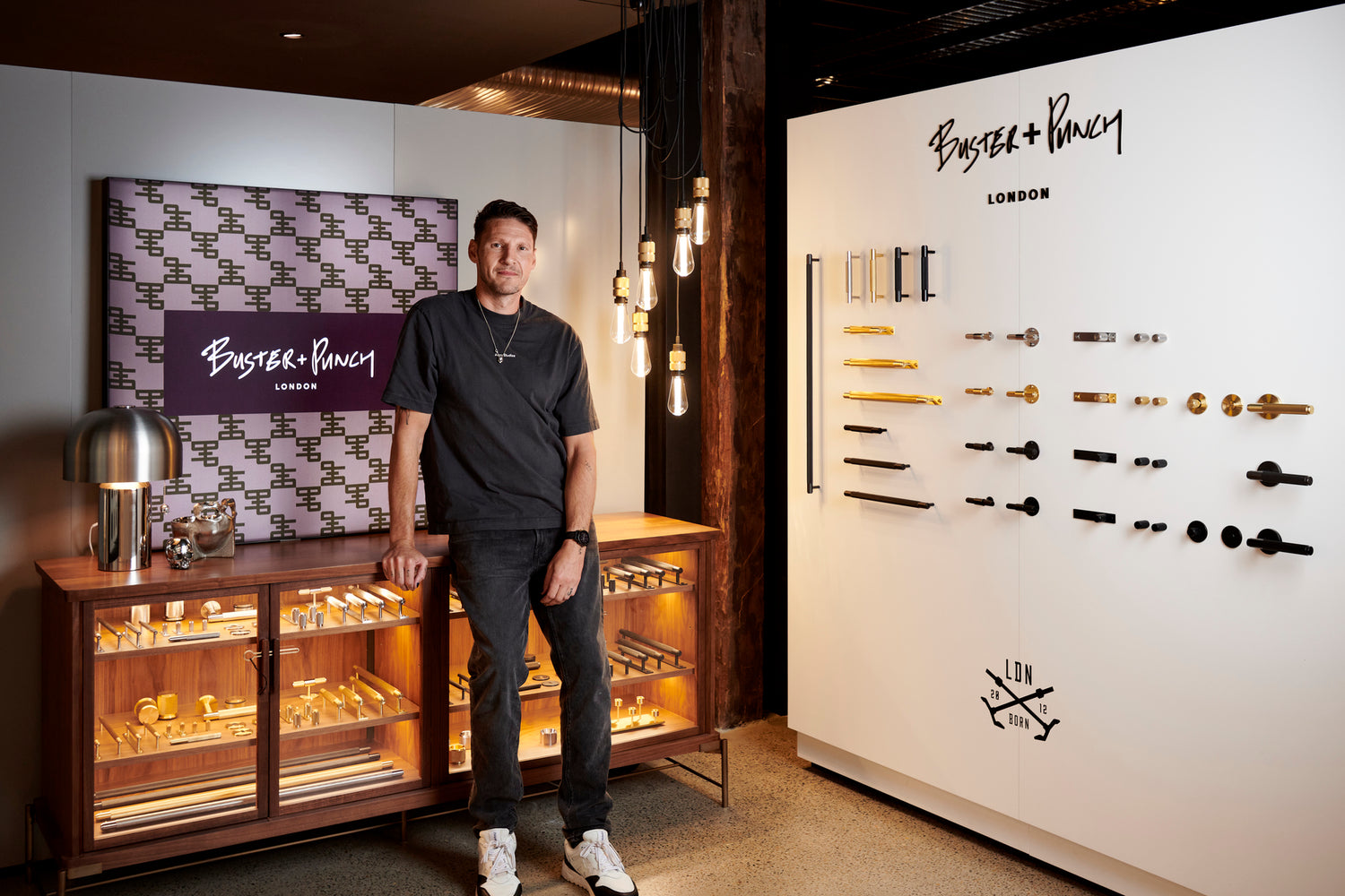 Massimo Buster Minale in a Buster & Punch Showroom with hardware products