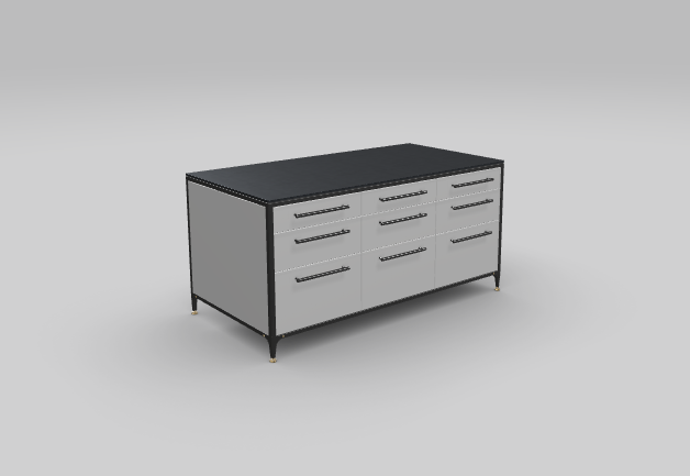 Stone grey buster &amp; punch kitchen island unit with black frame, black cross-knurled hardware and Dekton Bromo worktop - seen from the side/front
