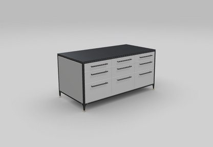 Stone grey buster &amp; punch kitchen island unit with black frame, black cross-knurled hardware and Dekton Bromo worktop - seen from the side/front