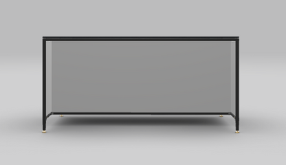Stone grey buster &amp; punch kitchen island unit with black frame, black cross-knurled hardware and Dekton Bromo worktop - seen from the back