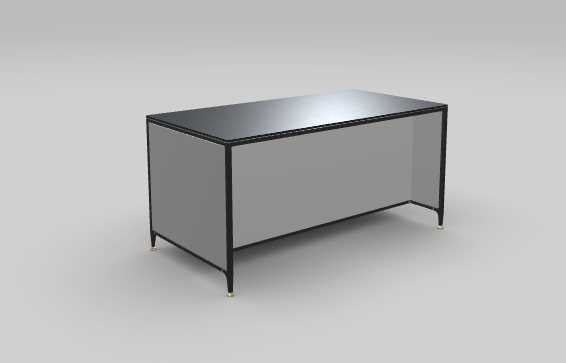 Stone grey buster &amp; punch kitchen island unit with black frame, black cross-knurled hardware and Dekton Bromo worktop - seen from the side/back