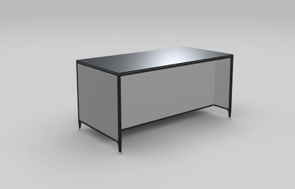 Stone grey buster &amp; punch kitchen island unit with black frame, black cross-knurled hardware and Dekton Bromo worktop - seen from the side/back