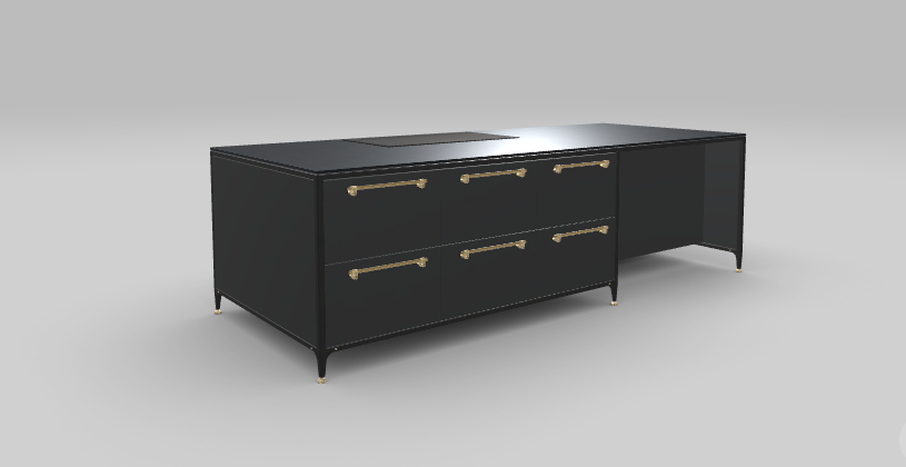 Buster &amp; Punch off black kitchen island with Dektion bromo worktop and Fisher and Paykel appliances, seen from the back/side