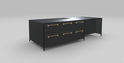 Buster &amp; Punch off black kitchen island with Dektion bromo worktop and Fisher and Paykel appliances, seen from the back/side