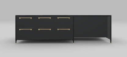 Buster &amp; Punch off black kitchen island with Dektion bromo worktop and Fisher and Paykel appliances, seen from the back