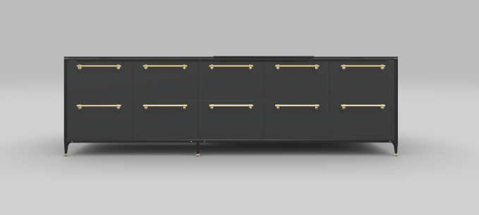 Buster &amp; Punch off black kitchen island with Dektion bromo worktop and Fisher and Paykel appliances, seen from the front