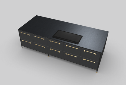 Buster &amp; Punch off black kitchen island with Dektion bromo worktop and Fisher and Paykel appliances, seen from the upper front/side