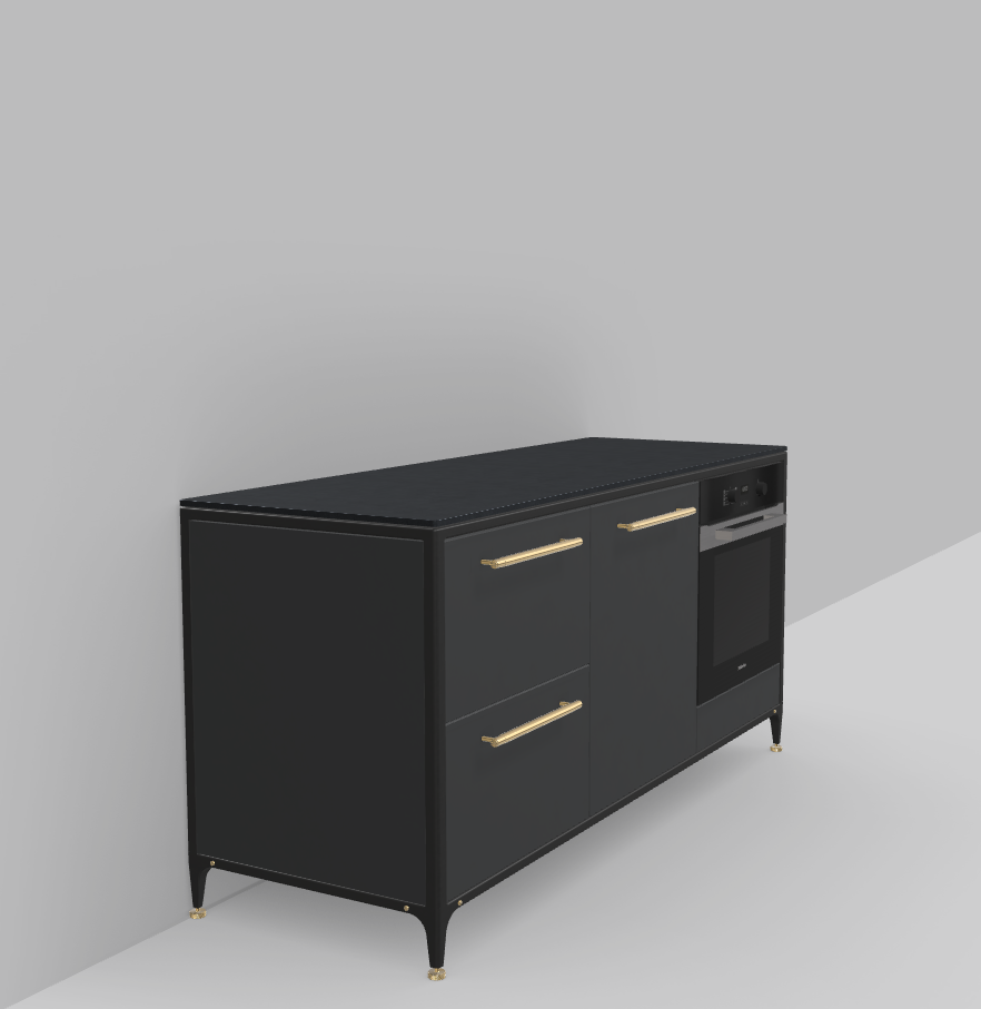 Buster & Punch køkken i off black med messing buster & punch greb samt en ovn fra Fisher & Paykel