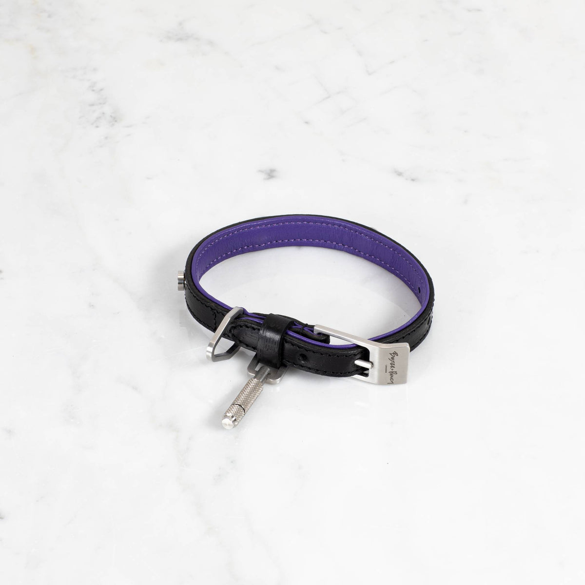 Dog collar / Cross / Black and purple – Steel / Small